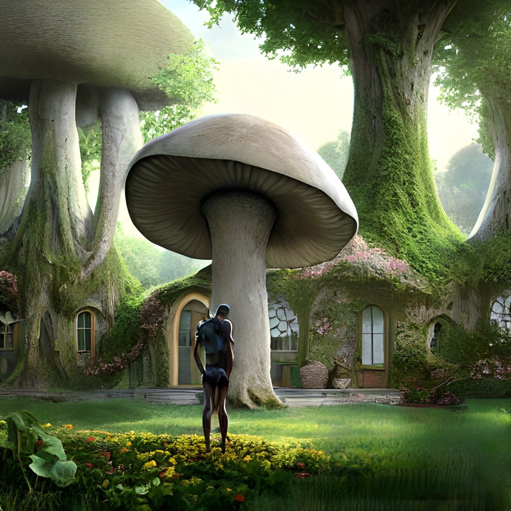 Visione surreale: corpi, funghi monumentali e architetture boschive. Immagine 3.